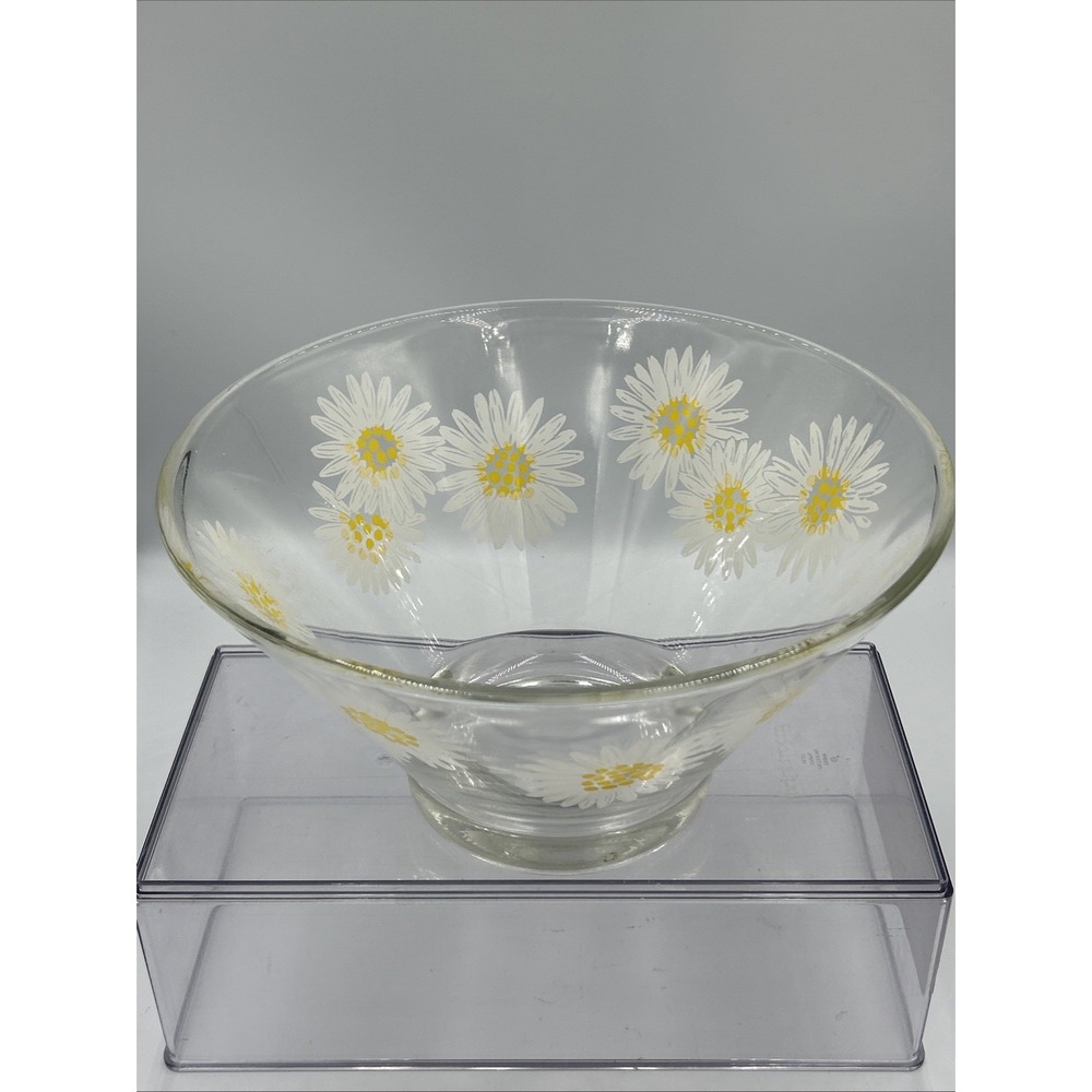 MCM Vintage Anchor Hocking Misted Daisy Chip Serving Salad BOWL Floral Glass